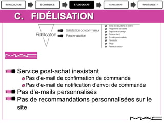 INTRODUCTION E-COMMERCE CONCLUSIONS WHAT’S NEXT?
Service post-achat inexistant
Pas d’e-mail de confirmation de commande
Pas d’e-mail de notification d’envoi de commande
Pas d’e-mails personnalisés
Pas de recommandations personnalisées sur le
site
 