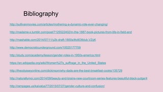 Bibliography
http://sullivanmovies.com/articles/mothering-a-dynamic-role-ever-changing/
http://madame-x.tumblr.com/post/7125522402/in-the-1887-book-pictures-from-life-in-field-and
http://mashable.com/2014/07/11/y2k-draft-1800s/#o9O8dub.VZqK
http://www.democraticunderground.com/10025177709
http://study.com/academy/lesson/gender-roles-in-1950s-america.html
https://en.wikipedia.org/wiki/Women%27s_suffrage_in_the_United_States
http://theodysseyonline.com/dickinson/why-dads-are-the-best-breakfast-cooks/135729
http://naturallymoi.com/2014/09/beauty-and-brains-new-courtroom-series-features-beautiful-black-judge/4
http://rampages.us/kaivalya77/2015/07/27/gender-culture-and-confusion/
 