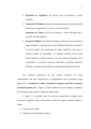 16
• Orçamento de Aquisições: são cálculos para investimentos a serem
realizados,
• Orçamento de Câmbio: expressão utilizada para designar uma previsão dos
recebimentos e pagamentos em divisas, a serem realizados,
• Orçamento de Custos: previsão das despesas a serem realizadas para a
execução da tarefa produtiva,
• Orçamento Público: é uma tabela da despesa e da receita, com suas fontes e
origem legislativa. É uma previsão das possibilidades financeiras do Estado e
ao mesmo tempo uma autorização do Poder Legislativo, para que os
impostos possam ser arrecadados e as despesas efetuadas. Não se pode
cobrar impostos ou efetuar despesas, sem que estejam consignadas na lei
orçamentária. O orçamento é portanto, instrumento da política financeira,
destinado a orientar o poder público na execução do programa de governo.
Um orçamento operacional de uma empresa compõe-se de vários
suborçamentos, que para referenciá-los, os designaremos como orçamentos, sendo
alguns deles : orçamento de vendas, orçamento de despesas comerciais, orçamento
de matérias primas, etc.. A figura 1.2 ilustra, apesar de não ser completa, a seqüência
dos orçamentos para compor o Orçamento Operacional.
A figura 3.1 demonstra parte do processo orçamentário composto pelos
orçamentos. Segundo o autor, o Orçamento se divide em 9 partes, conforme descrito a
seguir:
• Orçamento de vendas;
• Orçamento de quantidades a produzir;
 