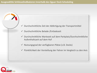 Ausgewählte Schlüsselindikatoren innerhalb des Qguar Dock Scheduling
 Durchschnittliche Zeit der Abfertigung der Transportmittel
 Durchschnittliche Belade-/Entladezeit
 Durchschnittliche Wartezeit auf dem Parkplatz/Durchschnittliche
Aufenthaltszeit auf dem Hof
 Nutzungsgrad der verfügbaren Plätze (z.B. Docks)
 Pünktlichkeit der Vorstellung der Fahrer im Vergleich zu den Avis
 