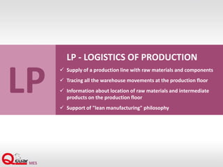 LP
LP - LOGISTICS OF PRODUCTION
 Supply of a production line with raw materials and components
 Tracing all the warehouse movements at the production floor
 Information about location of raw materials and intermediate
products on the production floor
 Support of "lean manufacturing" philosophy
 