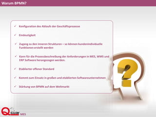 Warum BPMN?
 Konfiguration des Ablaufs der Geschäftsprozesse
 Eindeutigkeit
 Zugang zu den inneren Strukturen – so können kundenindividuelle
Funktionen erstellt werden
 Kann für die Prozessbeschreibung der Anforderungen in MES, WMS und
ERP Software herangezogen werden.
 Etablierter offener Standard
 Kommt zum Einsatz in großen und etablierten Softwareunternehmen
 Stärkung von BPMN auf dem Weltmarkt
 