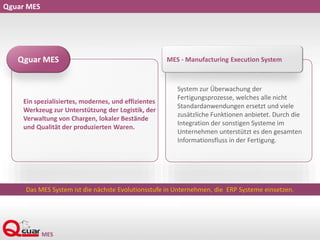 Qguar MES
Ein spezialisiertes, modernes, und effizientes
Werkzeug zur Unterstützung der Logistik, der
Verwaltung von Chargen, lokaler Bestände
und Qualität der produzierten Waren.
Qguar MES
System zur Überwachung der
Fertigungsprozesse, welches alle nicht
Standardanwendungen ersetzt und viele
zusätzliche Funktionen anbietet. Durch die
Integration der sonstigen Systeme im
Unternehmen unterstützt es den gesamten
Informationsfluss in der Fertigung.
MES - Manufacturing Execution System
Das MES System ist die nächste Evolutionsstufe in Unternehmen, die ERP Systeme einsetzen.
 