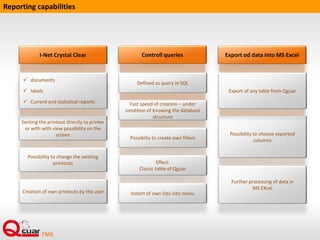 Interfaces
 Integration with digital maps (emapa, navigox)
 Cooperation with mobile equipment
 Archiving external documents (system enables recording in the database and reading from
the database in order to save or read the external documents
 Database link with other Qguar modules
 Standard file interface
 Management of messages
 