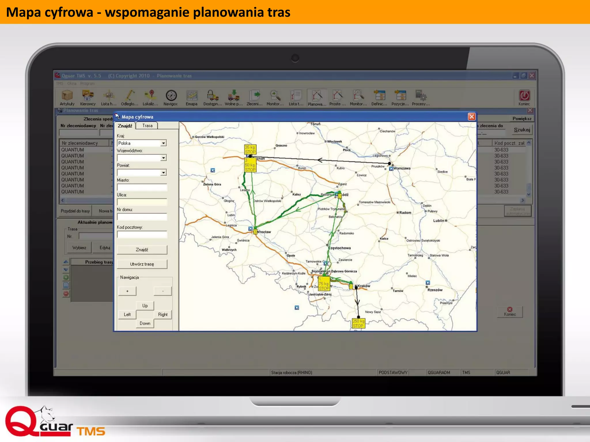Interfejsy
 Integracja z mapami (emapa, navigox)
 Współpraca z urządzeniami mobilnymi
 Archiwizacja dokumentów zewnętrznych (System umożliwia zapis do bazy danych oraz
odczyt z bazy w celu zapisania na dysku lub podglądu dokumentów zewnętrznych)
 Integracja bazodanowa z innymi systemami Qguar
 Standardowy interfejs plikowy
 Obsługa wiadomości
 