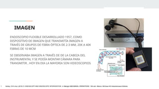 IMAGEN
ENDOSCOPIO FLEXIBLE DESARROLLADO 1957, COMO
DISPOSITIVO DE IMAGEN QUE TRANSMITÍA IMAGEN A
TRAVÉS DE GRUPOS DE FIBRA ÓPTICA DE 2-3 MM, 20K A 40K
FIBRAS DE 10 MCM
SE OBSERVABA IMAGEN A TRAVÉS DE DE LA CABEZA DEL
INSTRUMENTAL Y SE PODÍA MONTAR CÁMARA PARA
TRANSMITIR , HOY EN DIA LA MAYORIA SON VIDEOSCOPIOS
1. Ashley, S.W. et al. (2019) ‘5: ENDOSCOPY AND ENDOSCOPIC INTERVENTION’, in Maingot ABDOMINAL OPERATIONS. 13th edn. México: McGraw-Hill Interamericana Editores.
 