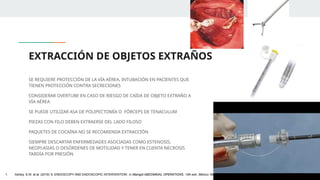 EXTRACCIÓN DE OBJETOS EXTRAÑOS
SE REQUIERE PROTECCIÓN DE LA VÍA AÉREA, INTUBACIÓN EN PACIENTES QUE
TIENEN PROTECCIÓN CONTRA SECRECIONES
CONSIDERAR OVERTUBE EN CASO DE RIESGO DE CAÍDA DE OBJETO EXTRAÑO A
VÍA AÉREA
SE PUEDE UTILIZAR ASA DE POLIPECTOMÍA O FÓRCEPS DE TENACULUM
PIEZAS CON FILO DEBEN EXTRAERSE DEL LADO FILOSO
PAQUETES DE COCAÍNA NO SE RECOMIENDA EXTRACCIÓN
SIEMPRE DESCARTAR ENFERMEDADES ASOCIADAS COMO ESTENOSIS,
NEOPLASIAS O DESÓRDENES DE MOTILIDAD Y TENER EN CUENTA NECROSIS
TARDÍA POR PRESIÓN
1. Ashley, S.W. et al. (2019) ‘5: ENDOSCOPY AND ENDOSCOPIC INTERVENTION’, in Maingot ABDOMINAL OPERATIONS. 13th edn. México: McGraw-Hill Interamericana Editores.
 