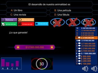 El desarrollo de nuestra animalidad es 
A: Un libro B: Una película 
C: Una revista D: Una fábula 
Retirarse ? $12’000.000.000 
$20’000.000.000 H $10’000.000.000 
5500::5500 $10’000.000.000 
¡Lo que ganaste! 
$12’000.000.000 
15 $ 300’000.000.000 
14 $ 100’000.000.000 
13 $ 50’000.000.000 
12 $ 20’000.000.000 
11 $ 12’000.000.000 
10 $ 10’000.000.000 
9 $ 7’000.000.000 
8 $ 5’000.000.000 
7 $ 3’000.000.000 
6 $ 2’000.000.000 
5 $ 1’000.000.000 
4 $ 500.000 
3 $ 300.000 
2 $ 200.000 
1 $ 100.000 
A B C D 
 