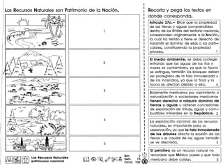 fAJl1 ~ I~ Los Reeur808 Naturales
~ Lill patrlmonio naelonal
Recorta y peg a 105 textos en
donde corresponda.
.--------------_ .. _-----.-------------- .._ .._----- ..------------r---·-- - --------------····----- -----------·------1. ,,,
.
Articulo 270.- Dice que la propiedad
de las tierras y aguas comprendidas
dentro de los Ifmites del territorio nacional,
corresponden originalmente a la Nacion,
la cual ha tenido y tiene el derecho de
transmitir el dominio de ellas a los parti-
culares, constituyendo la propiedad
privada.
EI medio amblente, se de be proteger
evitando que las aguas de los rfos y
mares se contaminen, ya que la fauna
se extingue, tambi€m los bosques deben
ser protegidos de la tala inmoderada y
de los incendios, ya que la flora y la
fauna se afectan debido a ello. 4
Solamente mexicanos por nacimiento 0
naturalizacion 0 sociedades mexicanas
tienen derecho a adquirir dominio de
tierras y aguas u obtener concesiones
de explotacion de minas, aguas y com-
bustibles minerales en la Republica. 2
La explotacion racional de los recursos l
naturales, es importante para su .
preservacion, ya que la tala inmoderada
de los arboles afecta la erosion de las
tierras y el caudal de las aguas tambien
se ve afectada. 3
r--------------------------------------------_ ..------- eel
: :
, ', '
: 5 :
. ', '
I I i--- ..----_ ..-_..-------------------------_ ..--_ ..--_ ..-----------, '
~..--- - ---------.- ----------------- ..- -_..-----------: :EI petr61eo as un recurso natural no
Bim. 2 ~ l renovable que Mexico po see y que todo
ro~~. ~ ~ ~ ~~~a.lri~dO L~~~_i~~~_?_?~.?~..?_~!??r.. . ._....~_.
 
