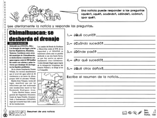 Una notlcia puede responder alas preguntas
l.quien?, l.que?, l.cuando?, l.d6nde?, l.como?,
l.por que?
~~"
Lee atentamente la noticia y responde las preguntas.
Chimalhuacan: se
desborda el drenaieJUEVES 11 DEJULIO DE 2002
NEZAHUALCOVOTL, Mex.-
Los drenajes de este lugar y de 108
barrios Hojalateros, Ebanistas,
Testeros, Curtidores entre otros
del municipio de Chimalhuac8n,
se desbordaron e inundaron con
aguas negras a mas de 500 familias
las cuales con cubetas y palas tu-
vieron que desalojar de sus hoga-
res 108 Iiquidos pestilentes.
En la colonia Ampliaci6n Vicente
Villada, los vecinos manifestaron
que el nivel del agua subi6 de 40
centfmetros a un metro de altura,
porque fa1l6 el carcamo Villada.
Elpidia Arias Vazquez, vecina del
lugar, manifest6 que por las
infecciones que han ocasionado
esas inundaciones muri6 su hijo
Raymundo Rodriguez Arias.
Carlos Merlifn Juarez, asesor
general del Organismo Descentra-
lizado de Agua Potable, Alcantari-
llado y Saneamiento (ODAPAS),
neg6 que la muerte haya sido a causa
de las inundaciones.
Los canales del Bordo de Xochiaca
y Maravillas estan al 95% de su
capacidad y el ODAPAS se
mantienen alerta ante su posible
desborde si cae otra fuerte lluvia,
ya que hay azolve en aproxi-
madamente cinco kil6metros.
A estos drenajes llegan aguas negras
de la delegaci6n Iztapalapa del
Distrito Federal y se dirige al rfo
La Compafifa.
~ I:~IIftI~ Resumen de una notlcla
1.- iQue ocurri6? _
2.- iCu6ndo sucedi6? _
3.- iD6nde pas6? _
4.- iPor que sucedi6? _
Bim. 3
Sam. 17
Ficha. 104
 
