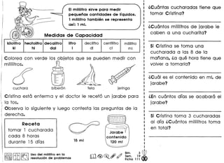 EImililitro sirve para medir
pequenas cantidades de Irquidos.
1 mililitro tambi€m se representa
asr: 1 mi.
Medidas de Capacidad
kilolitro hectolitro decalitro Iitro
kl hi dal I
decilitro centilitro mililitro
dl cl ml
Colorea con verde los objetos que se pueden medir con
mililitros. q
Cristina esta enferma y el doctor Ie receto un jarabe para
 la tos.
Observa 10 siguiente y luego contesta las preguntas de la
derecha.
Receta
tomar 1 cucharada
cada 8 horas
durante 15 dfas 15 ml
I~II~ I~ Uso del mililitro en la
& ~ resoluci6n de problemas
~r:be=r
contenido
120 mt
~
m<@>~,~ ~~~.1~ ~
• Flcha 111 dO
l,Cuantas cucharadas tiene que
tomar Cristina?
l,Cuantos mililitros de jarabe Ie
caben a una cucharita?
Si Cristina se toma una
cucharada alas 8 de la
manana, l,a que hora tiene que
volver a tomarla?
l,Cual es el contenido en mi. de
jarabe?
l,En cuantos dfas se acabara el
jarabe?
Si Cristina toma 3 cucharadas
al dfa l,Cuantos mililitros toma
en total?
 