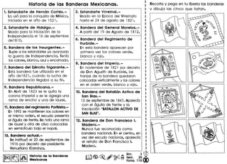 11. Estandarte de Hernan Cortes.-
: La us6 para 10 conquista de Mexico,
~ iniciada en el ana de 1521.
~_..._-_ ..__ .__ ._--_._---------------------------------
:3. Estandarte de Hidalgo.-
, Usado para 10 iniciaci6n de 10
Independencia el 16 de septiembre
de1810.
5. Bandera de los Insurgentes.-
Suplealas estandartesyo avanzada
10 guerra de Independencia. Tenia
loscolores,blanco, azuly encarnado.
~_._------_._----_._----------_ .._------_._---_._------
7. Bandera del EjercitoTrigarante.- ~
Esta bandera fue utilizada en el
ana de1821, cuando 10 lucha de ~
Independencia lIegaba a su fin. :
.r··.····---------------··.···--------------------------,
:9. Bandera Republicana.- :
: En Abril de 1823 se Ie quita 10 1
~ corona imperial y se Ie agrega una :
i rama de encino y una de laurel. ',
~-------_._-----------------_. __ ._--------------------., ,
11.Banderadel regimientoPorfirista.-:
En 1892 se mantienen los colores en '
el mismo orden, el escudo presenta
el aguila de frente. Se nota una rama
de laurel y otra de olivo colocadas
en semicfrculo bajo el nopal.
.:13. Bandera actual.-
! Se instituy6 el 20 de septiembre de
: 1916 por decreta del presidente
: Venustiano Carranza •.---------------------------------_._---_.----------_ ..-
I~I~ I~IHistoria de la Bandera.
r ~ ~ Mexicana.
r--·-·---------------------_···------------------------. ,
: 2. Estandarte Virreinal.- :
· :
~ Usado en 10 Epoca del Virreinato :
: hasta el 24 de agosto de 1821. :
· ,~--_._-----------.------------------------.----.----.--I
:4. Bandera del General Morelos.- :
j A partir del 19 de Agosto de 1812. ~
~-----------------------------------------------------_.,
:6. Bandera del Regimiento de
: Iturbide.-
·: En esta bandera aparecen par
; primera vez los colores verde,
: blanco y raja.,
r------------------------------------------------------
8. Bandera del Imperio.-
En noviembre de 1821 par decreta
de Don Agustin de Iturbide, las
franjas de la bandera quedaron
colocadas verticalmente y loscolores
en el orden verde, blanco y raja.
10. Bandera del Batallon Activo de
San Blas.-
13 de septiembre de 1847. Aparecia
can el aguila de frente y 10
inscripci6n "BATALLONACTIVODE
SANBLAS".
r------------------------------·-····---------·-------· I"
12. Bandera de Don Francisco I. I
Madero.- I
Nunca fue reconocida como I
bandera nacional. En el centro, en I
vez del escudo nacional, aparecfa I
el retrato de Don Francisco I. I
M~e~ :
......................................................I
m<@>~.~~~ :~~. 2~ WFlcha 115 <to
Recorto y pega en tu Iibreto los bonderas
y dibujo las cinco que falton.
:--------------------------_.~,,,,
:-------_._._------------_ .._~,,,,
,,,,
····,,,,,,,
.., ., ', ', ', '-- ,-. ----_ .....__ ._ ....._ ..._-
i·-------- ---------.----.---,,,,,,
 