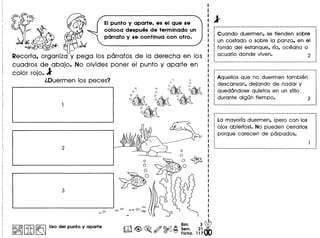 EIpunto y aparte, es el que se
coloca despues de terminado un
panafo y se continua con otro.
Recorta, organiza y pega 105 parrafos de la derecha en 105
cuadros de abajo. No olvides poner el punto y aparte en
color rojo. l
l.Ouermen 105 peces?
2
0
~
0
0
3
~
Cuando duermen, se tienden sobre
un costado 0 sobre 10 panza, en el
fonda del estanque, riO, oceano 0
acuario donde viven. 2
Aquellos que no duermen tambien
descansan, dejando de nadar y
quedandose quietos en Uh sitio
durante algun tiempo. 3
La mayorfa duermen, ipero con los
ojos abiertosl. No pueden cenarlos
porque carecen de parpados.
 
