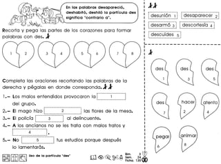 En las palabras desapareci6,
deshabit6, deshil6 la partrcula des
significa "contrario a".
Recorta y pega las partes de los corazones para formar
palabras con des. 1
Completa las oraciones recortando las palabras de la
derecha y pegalas en donde corresponda.ll
r~-~-·----_·_-----------
1.- Los malos entendidos provocaron la L L J
del grupo.
---_ _ _-----------------.
2.- EI mago hizo 1 2 lias flores de la mesa.I. __ •••••••••••••••••••••••••••__ ••••••_ •••• _ •••••••••••••'
3.- EI policla r----------3-----------1 al delincuente.
~----_._----------~---~
4.- A los ancianos no se les trata con malos tratos y
r- ..---- ..--------------------:
1 . ~ j •
5.- No 1 5 . tus estudios porque despues' •• __ •• ••••••••••••••• __ ••••• •••••• 1
10 lamentaras.
r----------------------
l desuni6n 1 desaparecer 2
---------------_ .._ .._--- .._-.
i descuides 5 1
I ••••••••••••••••••••••••••••••••••••••••••••••••••••••••••• I
1:~llftl~ Uso de la partrcula "des" m~~~~ :~~.2~W• 0 Ficha. 13500
 