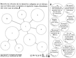 1
. .~" .,. -- .•..•.•."" ,,,,.,. ,
, .., ..
,I" La """, ,',1
Sa adopta ..~
,/ Constitucion de . :' el nombre de ....
:' 1824 establecio la . f Estados Unidos :
i igualdad ante la j . mexicanos. ,/
 ley de todos !  C?</, /
' • . " ""'...'-'I 6 ,,'
.. los mexlcanos..: .
'" , ---•....•••• OJ')... ,#' ",,,, .
, ·'/0· , , ..
'. rill 7' , •
...... a ..... ' ,: Iturbide se ...
, ::............ " '.
,"- ••.. : declara ~
./ Religion  ~ Emperador. :, " " . ,
" catolica ... .. L- :'
: •......•........•. ',(S)/: "
: como unica.: .•... ·· ?'e 2 ./
' 0 ,/,'", EI Imperio ' .
,,~ " "
•••••Orilla q ••••. ,: de Iturbide y 
•.•......• 1 la Constitucion 1
.............. de1824. ,:, .... " ,
" "," /': '
/ Guadalupe ".. % 7 ./
..•.Victoria primer"" •........... :::..............•
f presidente de 1 /" EI 4 de ..•...
. Mexico. ,.: /octubre de 1824,
. "'a ,/ f el pars queda 
'. 80 10" I ,
.............• : organizado en :
..•.............. . una Republica. ./
, "" ,
... Iturbide ' ... C?<. ,:
/ " ...., VI "
... renuncia al  •.•..5 ...••
1 trono y se va j •.•.•.. ::::::: •.••
., a Europa. ///~anta Ann~"""
" , , .... (' , , ..
•••• Ote 4 ./ ••• se rebela y pro- ....... ..' ,
., ::...... :' clama el plan Casa'"
,/ Libertad .... : Mata que propo- 1
(de Imprenta.':  nra el sistema ,.:, . .
3 ~  0 ,.: . republica no. /
24 • , ~ I' .., /)-; "
••••Orilla '0 ••,' ••••o'OCi 3 ••,'
136 ••.....••• •••••.c: .
Recorta los cfrculos de la derecha y pegalos en el numero
que se indica para completar el siguiente mapa. Colorealos
del color que se pide.l ......•...••...•.......••••••
,.' ....,. .. .. .. .' .' .......... ....: '.
. '. .... "': :
. '. ,. '. ,
: ", 3 ,
· '. ,: 2 ;: :
' ': :· '. .· '. .· '. .. '. .. '. .. , . ,
'" ..' /. .,'........... '" ....
........•.............•.......
.................. '. . '"
... ... .... ..... . , .. , .. '. .I " •
' 1 " •
I~ '. •I I,
. :. 4 ,
...............: :, :
.. ". '. .. '. . . ..' '. / ' . .... .
" .. .... . .'. .... ....'. '. .'
.: ': . .. .: 7 : ,.., ".
' "' ...: :... ..· '. .· :. :· '. ,· '. ,. '. .... ": 5 :
. '. .
..... .....: ! ..... . ... ..j............ : .~ " ..
. " .. , .. '. ,
.......... "'...::
.... ". .... .... ..... ..... : 6 :
.' .. .. ". ..........., ,. . '" . .. . '. . .. . '. . .· ". '.· ". '.: 9 ::': .....-· '. 8 . '.
:. ;!! .. .· . '. . .
. , . .' , . ,. , . .' . . ,'., , ......._--_... .•••........••
,,' .
, ., ,, .. .· .· .: 10 .:
• I
· ,
• I..
. .'.., "I'
. .'.... ..'..................
~~~
Bim.
Sem.
Ficha.
EIImperio de Iturbide.
Constitucion de 1824 mG~.~~
 