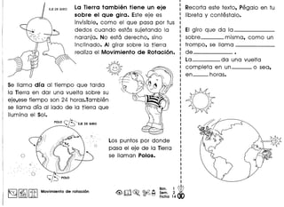 La Tierra tambien tiene un eje
sobre el que gira. Este eje es
invisible, como el que pasa por tus
dedos cuando estas sujetando la
naranja. No esta derecho, sino
inclinado. AI girar sobre la tierra
realiza el Movimiento de Rotacion.
5e llama dia al tiempo que tarda
la Tierra en dar una vuelta sobre su
eje,ese tiempo son 24 horas.Tambien
se llama dla al lado de la tierra que
Bumina el Sol.
.
POLO c:./S·····EJE DE GIRO
Los puntos por donde
pasa el eje de la Tierra
se lIaman Polos.
Recorta este texto, Pegalo en tu
libreta y contestalo.
EI giro que da la _
sobre misma, como un
trompo, se llama _
de-----_.
La da una vuelta
completa en un o sea,
en-_horas.
 