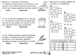 Resuelve los siguientes problemas.
1.- Durante las elecciones municipales en una
comuna votan 59,637 personas. Si de ellas
29,874 son mujeres l.Cuantos hombres votaron? votos 
Datos Operacion Resultado
2.- En la semana ecol6gica de mi escuela
se recolectaron 13,229 kilos de papel para
reciclar. Si aun quedan por reciclar 2,742
kilos. l.Cuantos kilos va se reciclaron?
Datos Operacion
3.- En Puebla sembraron 84,092 hectareas
de trigo, en Coahuila 42,634 hectareas V
en Sonora 1,432 hectares. l.Cuantas, -
hectareas de trigo se sembraron en total?
Datos Operacion Resultado
~ rm ~ Problemas de suma
~~~yresta
Recorta los cuadros, pegalos en
tu Iibreta V completalos.
<£>
6 2
3
5 5
• • •15 15 15
7 3
6
4
• • •19 19 19
8
8 8
5 8
• • •20 20 20
<£>
6
5 7
8
• • •17 17 17
salidaentrada
46
54
63
 