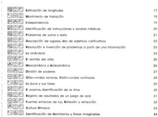 ~[1fJ~Estimacion de longitudes 17
~~[ill Movimiento de traslacion 18
~~~ Independencia 19
~[ill~ Identificacion de instrucciones y recetas medicas 20
~~~ Problemas de suma y resta 21
~[ill~ Descripcion de lugares. Uso de adjetivos calificativos 22
~~~ Resolucion e invencion de problemas a partir de una informacion 23
~[ill~ La anecdota 24
~~~ EI sentido del oido 25
~[ill~ Mesoamerica y Aridoamerica 26
~~[ill Division de poderes 27
~ I~I~ Oido-ondas sonoras. Vision-ondas luminosas 28
~~[ill La Luna y sus fases 29
~[1fJ~EI poema. Identificacion de la rima 30
~[ill~ Registro de resultados de un juego de azar 31
~~~ Fuentes emisoras de luz. Reflexion y refraccion 32
~ [ill~ Cultura Olmeca 33
~~[1fJIdentificacion de Hemisferios y lineas imaginarias 34
 