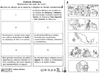 Cultura Olmeca.
"Hobitantes del pais de hulen.
Recortalos dibujos de 10 derecho y pegolos en donde correspondo.l
La Cultura Olmeca se localiz6 en
los estados de Vera cruz y Tabasco.
Sus principales ciudades fueron: La
Venta, en Tabasco; Tres Zapotes
y San Lorenzo en Veracruz.
Construyeron canales para regar
sus cultivos. Cultivaban el marz,
la calabaza, el frijol y el cacao.
La Sociedad Olmeca estaba
formada por: sacerdotes,
comerciantes militares, artesanos
y campesinos.
Eran grandes escultores, esculpran
gigantescas cabezas talladas en
roca volcanica, asr como figuras
que representaban al jaguar.
I~IIitI~ Cultura Olmeca
Su principal figura religiosa era el
jaguar. Lo crefan su antepasado
lejano y Ie tenfan miedo.
 