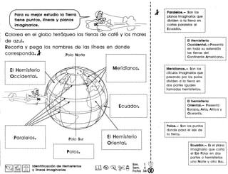 Para su mejor estudio la Tierra
tiene puntos. Irneas y pianos
imaginarios.
o~
gc ---~
:-----0-
Colorea en el globo terraqueo las tierras de cafe y los mares
de azul.
Recorta y pega los nombres de las Ifneas en donde
corresponda.l Polo Norte .
i~------------------------------
··········I
I
I
I
···
EI Hemisferio
Occidental.
----------------- - - ----------
··········,
··I
··I
I
EI Hemisferio
Oriental.
I
I
l~4 •
34
Bim.
Sem.
Ficha
Identificacion de Hemisferios
y Iineas imaginarias
l' Paralelo8. - Son los
pianos imaginarios que
dividen a la tierra en
cortes paralelos al
Ecuador.
EI Hemisferlo
Occidental. - Presenta
en toda su extension
las tlerras del
Continente Americano.
·Meridianos. - Son los :
drculos imaginarlos que.:
pasando por los polos
dividen a la tierra en
dos partes iguales
lIamadas hemisferlos.
EI hemisferio
Oriental.- Presenta
Europa. Asia. Africa y
Oceanfa.
·Polos.- Son los puntos :
donde pasa el eje de :
la tierra. :
·
Ecuador.- Esel plano
imaglnario que corta
el Eje Polar en dos
partes 0 hemisferlos
uno Norte y otro Sur.
 
