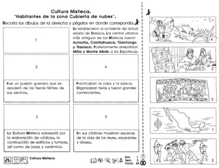 Culture Mixtece.
"Habitantes de la zona Cubierta de nubes".
Recorto los dibujos de 10 derecho y pegolos en donde correspondo. J
---.-..------------------.-------- ..... -----.-.--.---- 5e establecieron al occidente del actual
estado de Oaxaca. Los centros urbanos
mas antiguos de los Mixtecas fueron
Achiutla, Coixtlahuaca, Tilantongo
y Tlaxiaco. Posteriormente arrebataron
_... . . ._.__. . . . Mitla y Monte Alban a los Zapotecas •
Fue un pueblo guerrero que se
apodero de las tierras fertiles de
sus vecinos.
La Cultura Mixteca sobresalio par
la elabarocion de codices, la
construccion de edificios y tumbas,
as! como de joyos y ceramica.
I~IIitI~ Cultura Mixteca
.Practicaban 10 coza y la pesca.
Organizaban ferias V fueron grandes
comerciantes.
En sus codices muestron escenos
de 10vida de los reyes, sacerdotes
y dioses.
···------·-----·-----··i-·---···----, "'d..y
.r . (, .y"""
N
*~s ~~
~ ~~ ~_______________________________________ -------- 1
 