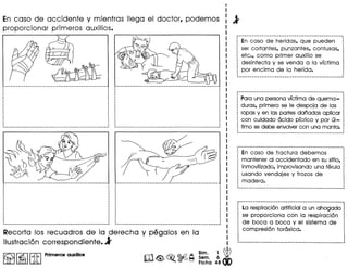 En caso de accidente y mientras Ilega el doctor, podemos
proporcionar primeros auxilios.
Recorta los recuadros de la derecha y pegalos en la
i1ustraci6n correspondiente.l
~ I~ IIitI Primer08 auxilios
En caso de heridas, que pueden
ser cortantes, punzantes, contusas,
etc., como primer auxilio se
desinfecta y se venda a la vrctima
por encima de la herida.
Parauna personavrctima de quema-
duras, primero se Ie despoja de las
ropasy en las partes danadas aplicar
con cuidado acido prcric() y por ul-
timo se debe envolvercon una manta.
En caso de fractura debemos
mantener al accidentado en su sitio,
inmovilizado,improvisando una ferula
usando vendajes y trozos de
madera.
La respiraci6nartificial a un ahogado j
se proporciona con la respiraci6n i
de boca a boca y el sistema de !
compresi6n toraxica. :..I
I
I
•...........•......•.........•............•...... __ ....
 