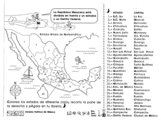 I
I
1 } ESTADO CAPITAL
1•- B.C. Sur La Paz
2.-B.C. Norte Mexicali
3.- Sonora Hermosillo
4.- Chihuahua Chihuahua
5.- Coahuila Saltillo
6.- Nuevo Leon Monterrey
7.- Tamaulipas Cd. Victoria
8.- Sinaloa Culiacan
9.- Durango Durango
1O. - Zacatecas Zacatecas
11.- Nayarit Tepic
12.- San LuisPotosi San Luis Potosi
13.- AguascaHentes Aguascalientes
14.- Guanajuato GuanaJuato
15.- Oaxaca Oaxaca
16.- Chiapas Tuxtla Gutierrez
17.- Yucatan Merida
18.- Queretaro Queretaro
19.- Hidalgo Pachuca
20.- Jalisco Guadalajara
21.- Colima Colima
22.- Michoacan Morelia
23.- Edo. de Mexico Toluca
24.- Morelos Cuernavaca
25.- Tlaxcala Tlaxcala
26.- Puebla Puebla
27.- Guerrero Chilpancingo
Colorea 105 estados de diferente color, recorta la parte de 28.- Veracruz Jalapa
la derecha y pegala en tu Iibreta. } 29.- Tabasco Villa Hermosa
30.- Quintana Roo Chetumal
mG~ ~ ~~~~.~ W 31.- Campeche Campeche
• 0 Ficha 53 00 32.- Distrito Federal Ciudad de Mexico
La Republica Mexicana esta
dividida en treinta y un estados
y un Distrito Federal.
'.
--.".
".
--.
~I ~IIitIDivision Polftlca de Mexico
 