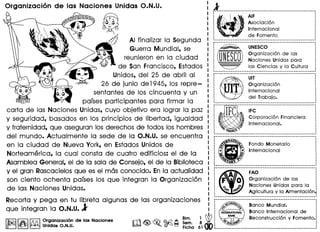 .F~O :
Organizaci6n de las 1
Naciones Unidas para la ~
~gricultura y 10 ~lmentaci6n~
I
____ .. . e.
Recorfa y pega en fu Iibrefa algunas de las organizaciones .
f'.. . Banco Mundial.
que infegran la O.N.U. A B . I
I INTERNATIONAl anco Internaclona de
ro~ ~ ~ ~ ~~a6~1~ ~;~ ~~_~~~~::~~~
Organizaci6n de las Naciones Unidas O.N.U.
AI finalizar la Segunda
Guerra Mundial, se
reunieron en la ciudad
de San Francisco, Esfados
Unidos, del 25 de abril al
26 de junio de 1945, los repre-
senfanfes de los cincuenfa y un
parses parficipanfes para firmar la
carfa de las Naciones Unidas, cuyo objefivo era lograr la paz
y seguridad, basados en los principios de Iiberfad, igualdad
y frafernidad, que aseguran los derechos de fodos los hombres
del mundo. Acfualmenfe la sede de la O.N.U. se encuenfra
en la ciudad de Nueva York, en Esfados Unidos de
Norfeamerica, la cual consfa de cuafro edificios: el de la
Asamblea General, el de la sala de Consejo, el de la Bibliofeca
y el gran Rascacielosque es el mas conocido. Enla acfualidad
son cienfo ochenfa parses los que infegran la Organizaci6n
de las Naciones Unidas.
11r.r.n11~ II!0l Organizacl6n de laa Naclonea
r ~ ~ Unldaa O.N.U.
l'r---------------------------------------------------------I
~ ,"~:"" .~"'. ~IF .1 'I " J~ ~soclaci6n
;i-._'"Internaclonal
: ~- ~ de Fomento
'.: ~ UNESCO
: Organizaci6n de las
~ UNfSeD Naciones Unidas para
: las Ciencias y la Cultura,
----------------------------------------------------------
~
UIT
Organizaci6n
Internacional
del Trabajo.
[---~---;;;;----------------------------------i
: g, % Corporaci6n Financiera :• % ~ •
: ~ j Internacional. :
I ~ & I
: r_~:
~---------_._-------------------_._---------------------_.~
 