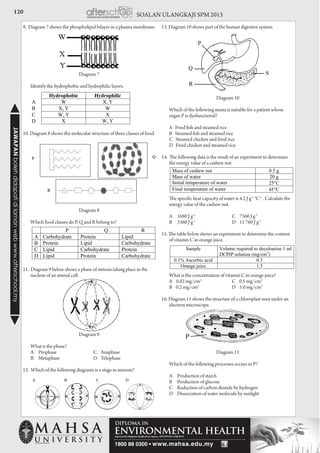 120 SOALAN ULANGKAJI SPM 2013JAWAPANbolehdidapatidilamanwebwww.afterschool.my
9. Diagram 7 shows the phospholipid bilayer in a plasma membrane.
Diagram 7
	 Identify the hydrophobic and hydrophilic layers.
10. Diagram 8 shows the molecular structure of three classes of food.
	
Diagram 8
	 Which food classes do P, Q and R belong to?
11. Diagram 9 below shows a phase of mitosis taking place in the
nucleus of an animal cell.
Diagram 9
	 What is the phase?
	 A.	Prophase	 C.	Anaphase
	 B.	 Metaphase	 D.	Telophase
12. Which of the following diagrams is a stage in meiosis?
13. Diagram 10 shows part of the human digestive system.
Diagram 10
	 Which of the following menu is suitable for a patient whose
organ P is dysfunctional?
	 A Fried fish and steamed rice
	 B Steamed fish and steamed rice
	 C Steamed chicken and fried rice
	 D Fried chicken and steamed rice
14. The following data is the result of an experiment to determine
the energy value of a cashew nut.
	 The specific heat capacity of water is 4.2 J g-1
°C-1
. Calculate the
energy value of the cashew nut.
	 A	 1680 J g-1
	 C	 7560 J g-1
	 B	 3360 J g-1
	 D	 11 760 J g-1
15. The table below shows an experiment to determine the content
of vitamin C in orange juice.
	 What is the concentration of vitamin C in orange juice?
	 A 0.02 mg/cm3
	 C 0.5 mg/cm3
	 B 0.2 mg/cm3
	 D 5.0 mg/cm3
16. Diagram 11 shows the structure of a chloroplast seen under an
electron microscope.
Diagram 11
	 Which of the following processes occurs in P?
	 A	 Production of starch
	 B	 Production of glucose
	 C	 Reduction of carbon dioxide by hydrogen
	 D	 Dissociation of water molecule by sunlight
 