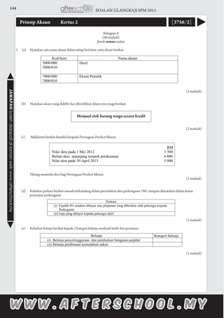 144 SOALAN ULANGKAJI SPM 2013JAWAPANbolehdidapatidilamanwebwww.afterschool.my
Prinsip Akaun 	 Kertas 2 [3756/2]
Bahagian A
(60 markah)
Jawab semua soalan
				
1	 (a)	 Nyatakan satu nama akaun dalam setiap kod item carta akaun berikut:
		
						 (2 markah)
	 (b)	 Nyatakan akaun yang didebit dan dikreditkan dalam urus niaga berikut:
Menjual stok barang niaga secara kredit
						 (2 markah)
	 (c) 	 Maklumat berikut diambil daripada Perniagaan Perabot Misran
			 Hitung susutnilai skru bagi Perniagaan Perabot Misran
						 (2 markah)
	 (d) 	 Kelaskan perkara berikut samada terkandung dalam peruntukan akta perkongsian 1961 ataupun dinyatakan dalam ikatan 		
		 perjanjian perkongsian
						 (2 markah)
	 (e)	 Kelaskan belanja berikut kepada 2 kategori belanja sesebuah kelab dan persatuan
						 (2 markah)
 
