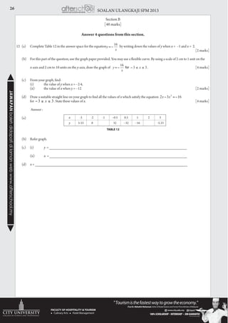 26 SOALAN ULANGKAJI SPM 2013JAWAPANbolehdidapatidilamanwebwww.afterschool.my
Section B
[48 marks]
Answer 4 questions from this section.
12	 (a) 	 Complete Table 12 in the answer space for the equation 	 by writing down the values of y when x = –1 and x = 2.
														[2 marks]
	 (b)	 For this part of the question, use the graph paper provided. You may use a flexible curve. By using a scale of 2 cm to 1 unit on the
		 x-axis and 2 cm to 10 units on the y-axis, draw the graph of 		 .				 [4 marks]
	 (c)	 From your graph, find:
		 (i)	 the value of y when x = –2∙4,
		 (ii)	 the value of x when y = –12									 [2 marks]
	 (d)	 Draw a suitable straight line on your graph to find all the values of x which satisfy the equation 	
		 for 	 . State these values of x. 							 [4 marks]
		
		 Answer :
	(a)
	 (b) 	 Refer graph.
	 (c)	(i)	 y = _________________________________________________________________		
		 (ii)	 x = _________________________________________________________________
	(d)	x = ________________________________________________________________________
x -3 -2 -1 –0∙5 0.5 1 2 3
y 5∙33 8 32 –32 –16 -5.33
TABLE 12
 