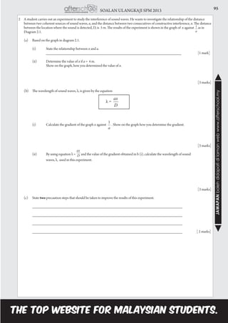 95SOALAN ULANGKAJI SPM 2013
JAWAPANbolehdidapatidilamanwebwww.afterschool.my
2	 A student carries out an experiment to study the interference of sound waves. He wants to investigate the relationship of the distance
between two coherent sources of sound waves, a, and the distance between two consecutives of constructive interference, x. The distance
between the location where the sound is detected, D, is 5 m. The results of the experiment is shown in the graph of x against as in
Diagram 2.1.
	
	 (a)	 Based on the graph in diagram 2.1.
		 (i)	 State the relationship between x and a.
			 ________________________________________________________________ 		 [1 mark]
		 (ii)	 Determine the value of x if a = 4 m.
			 Show on the graph, how you determined the value of x.
														[3 marks]
	 (b)	 The wavelength of sound waves, λ, is given by the equation
				
				
		 (i)	 Calculate the gradient of the graph x against . Show on the graph how you determine the gradient.
	
														[3 marks]
		 (ii)	 By using equation λ = and the value of the gradient obtained in b (i), calculate the wavelength of sound
		 	 waves, λ, used in this experiment.
	
														[3 marks]
	 (c)	State two precaution steps that should be taken to improve the results of this experiment.
	
		 _______________________________________________________________________
		 _______________________________________________________________________
	
		 _______________________________________________________________________
		 _______________________________________________________________________	 [ 2 marks]
 