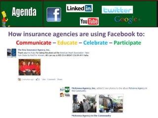 How insurance agencies are using Facebook to: Communicate – Educate– Celebrate – Participate