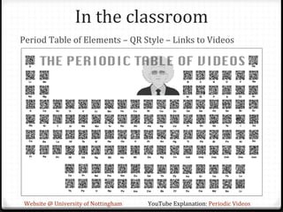 In the classroom
Period Table of Elements – QR Style – Links to Videos




 Website @ University of Nottingham   YouTube Explanation: Periodic Videos
 