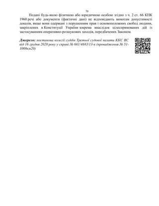 70
Подані будь-якою фізичною або юридичною особою згідно з ч. 2 ст. 66 КПК
1960 речі або документи (фактичні дані) не відповідають вимогам допустимості
доказів, якщо вони одержані з порушенням прав і основоположних свобод людини,
закріплених в Конституції України зокрема внаслідок цілеспрямованих дій із
застосуванням оперативно-розшукових заходів, передбачених Законом.
Джерело: постанова колегії суддів Третьої судової палати ККС ВС
від 16 грудня 2020 року у справі № 661/4683/13-к (провадження № 51-
1008км20)
 