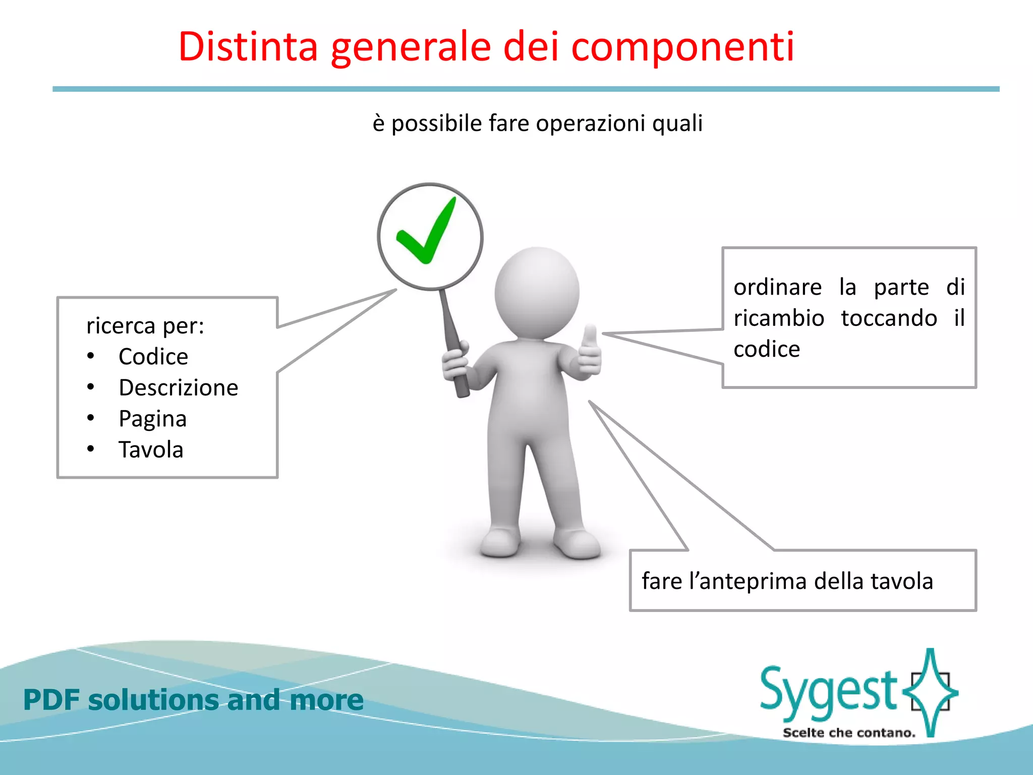 PDF solutions and more
Distinta generale dei componenti
è possibile fare operazioni quali
ricerca per:
• Codice
• Descrizione
• Pagina
• Tavola
ordinare la parte di
ricambio toccando il
codice
fare l’anteprima della tavola
 