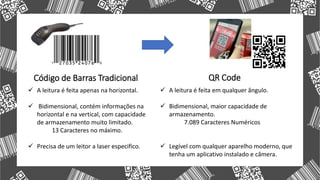 Código de Barras Tradicional QR Code
 A leitura é feita em qualquer ângulo.
 Bidimensional, maior capacidade de
armazenamento.
7.089 Caracteres Numéricos
 Legível com qualquer aparelho moderno, que
tenha um aplicativo instalado e câmera.
 A leitura é feita apenas na horizontal.
 Bidimensional, contém informações na
horizontal e na vertical, com capacidade
de armazenamento muito limitado.
13 Caracteres no máximo.
 Precisa de um leitor a laser especifico.
 