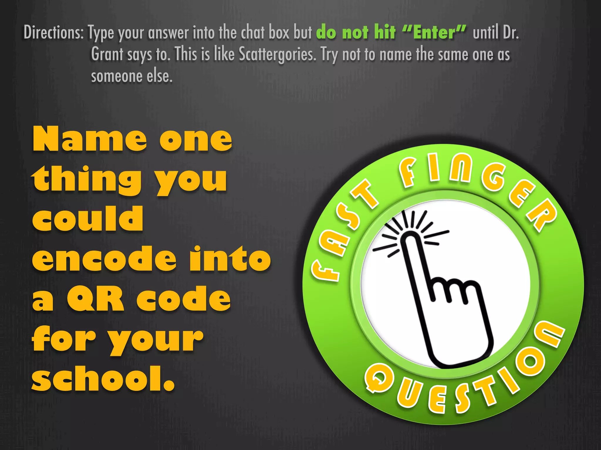 For presentations,
choose at least
500x500.
For handouts,
125x125 to
200x200 is good.
For a flyer, biggest
is best.
Leave white space
around the QRcode.
GoQR.me
d
 