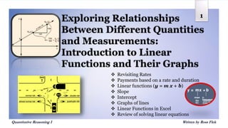 1
Exploring Relationships
Between Different Quantities
and Measurements:
Introduction to Linear
Functions and Their Graphs
Quantitative Reasoning I Written by Ross Flek
 Revisiting Rates
 Payments based on a rate and duration
 Linear functions (y = m x + b)
 Slope
 Intercept
 Graphs of lines
 Linear Functions in Excel
 Review of solving linear equations
 