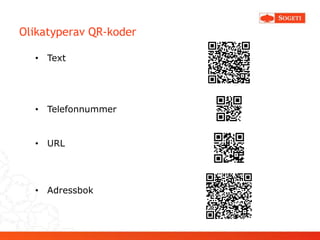 Olikatyperav QR-koder

  • Text




  • Telefonnummer


  • URL




  • Adressbok
 