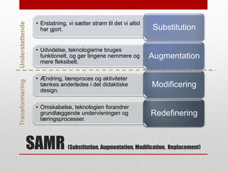 Understøttende
Transformering

• Erstatning, vi sætter strøm til det vi altid
har gjort.

Substitution

• Udvidelse, teknologierne bruges
funktionelt, og gør tingene nemmere og
mere fleksibelt.

Augmentation

• Ændring, læreproces og aktiviteter
tænkes anderledes i det didaktiske
design.

Modificering

• Omskabelse, teknologien forandrer
grundlæggende undervisningen og
læringsprocesser.

Redefinering

SAMR

(Substitution, Augmentation, Modification, Replacement)

 