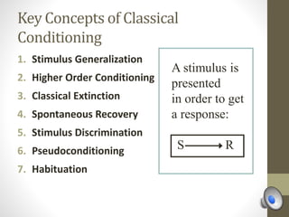 Key Concepts of Classical
Conditioning
1. Stimulus Generalization
2. Higher Order Conditioning
3. Classical Extinction
4. Spontaneous Recovery
5. Stimulus Discrimination
6. Pseudoconditioning
7. Habituation
S R
A stimulus is
presented
in order to get
a response:
 