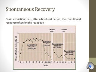 Spontaneous Recovery
Durin extinction trials, after a brief rest period, the conditioned
response often briefly reappears.
 