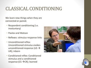 CLASSICAL CONDITIONING
We learn new things when they are
connected or paired.
• Respondent conditioning (i.e.
involuntary)
• Pavlov and Watson
• Reflexes: stimulus-response links
• Unconditioned reflex:
Unconditioned stimulus evokes
unconditioned response (US 
UR); inborn
• Conditioned reflex: Conditioned
stimulus and a conditioned
response (CS CR); learned
 