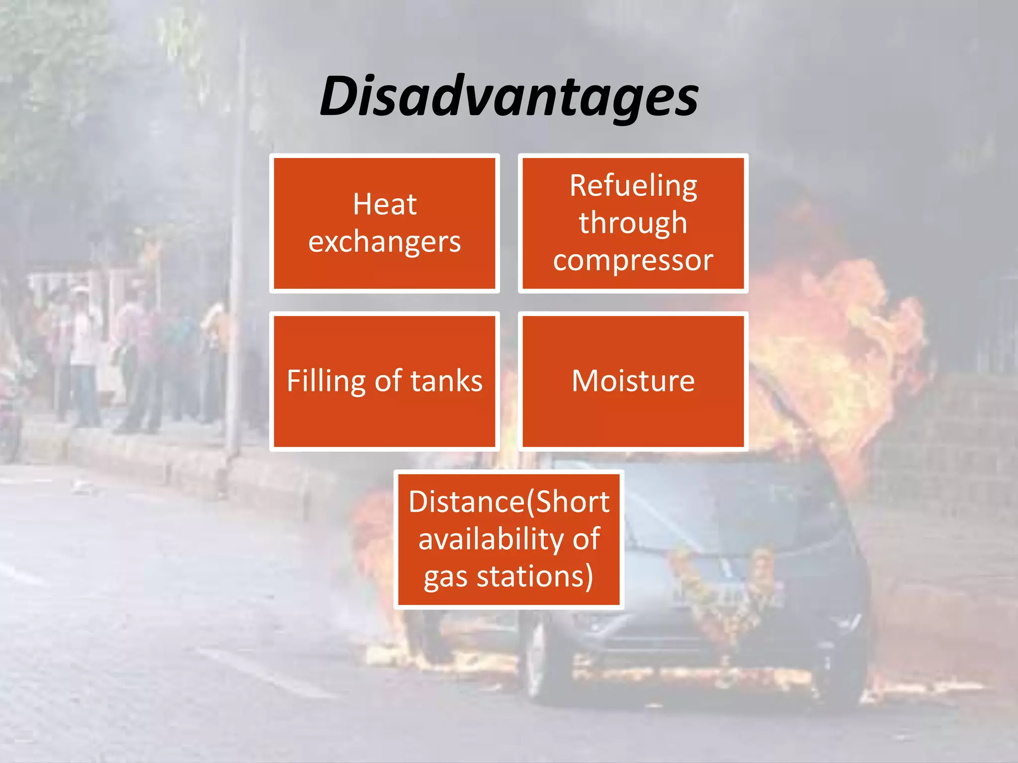Disadvantages
Heat
exchangers
Refueling
through
compressor
Filling of tanks Moisture
Distance(Short
availability of
gas stations)