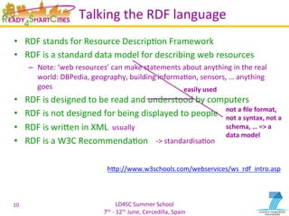 LD4SC	
  Summer	
  School	
  
7th	
  -­‐	
  12th	
  June,	
  Cercedilla,	
  Spain	
  
Talking	
  the	
  RDF	
  language	
  
•  RDF	
  stands	
  for	
  Resource	
  DescripYon	
  Framework	
  
•  RDF	
  is	
  a	
  standard	
  data	
  model	
  for	
  describing	
  web	
  resources	
  
–  Note:	
  ‘web	
  resources’	
  can	
  make	
  statements	
  about	
  anything	
  in	
  the	
  real	
  
world:	
  DBPedia,	
  geography,	
  building	
  informaYon,	
  sensors,	
  …	
  anything	
  
goes	
  
•  RDF	
  is	
  designed	
  to	
  be	
  read	
  and	
  understood	
  by	
  computers	
  
•  RDF	
  is	
  not	
  designed	
  for	
  being	
  displayed	
  to	
  people	
  
•  RDF	
  is	
  wriIen	
  in	
  XML	
  
•  RDF	
  is	
  a	
  W3C	
  RecommendaYon	
  
10	
  
hIp://www.w3schools.com/webservices/ws_rdf_intro.asp	
  
easily	
  used	
  
usually	
  
-­‐>	
  standardisaYon	
  
not	
  a	
  ﬁle	
  format,	
  
not	
  a	
  syntax,	
  not	
  a	
  
schema,	
  …	
  =>	
  a	
  
data	
  model	
  
 