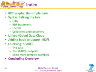 LD4SC	
  Summer	
  School	
  
7th	
  -­‐	
  12th	
  June,	
  Cercedilla,	
  Spain	
  
Index	
  
•  RDF	
  graphs:	
  the	
  simple	
  basis	
  
•  Syntax:	
  talking	
  the	
  talk	
  
–  URIs	
  
–  RDF	
  Statements	
  
–  Literals	
  
–  CollecYons	
  and	
  containers	
  
•  Linked	
  (Open)	
  Data	
  Cloud	
  
•  Adding	
  basic	
  structure	
  :	
  RDFS	
  
•  Querying:	
  SPARQL	
  
–  The	
  basis	
  
–  The	
  SPARQL	
  endpoint	
  
–  Some	
  more	
  complex	
  examples	
  
•  Concluding	
  Overview	
  
122	
  
 