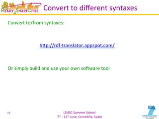 LD4SC	
  Summer	
  School	
  
7th	
  -­‐	
  12th	
  June,	
  Cercedilla,	
  Spain	
  
Convert	
  to	
  diﬀerent	
  syntaxes	
  
Convert	
  to/from	
  syntaxes:	
  
	
  
	
  
	
   	
  hIp://rdf-­‐translator.appspot.com/	
  
	
  
	
  
Or	
  simply	
  build	
  and	
  use	
  your	
  own	
  sosware	
  tool	
  
	
  
17	
  
 