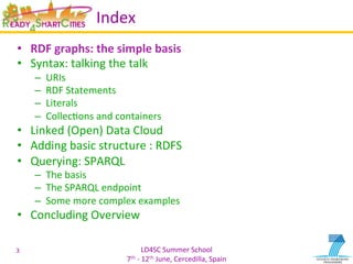 LD4SC	
  Summer	
  School	
  
7th	
  -­‐	
  12th	
  June,	
  Cercedilla,	
  Spain	
  
Index	
  
•  RDF	
  graphs:	
  the	
  simple	
  basis	
  
•  Syntax:	
  talking	
  the	
  talk	
  
–  URIs	
  
–  RDF	
  Statements	
  
–  Literals	
  
–  CollecYons	
  and	
  containers	
  
•  Linked	
  (Open)	
  Data	
  Cloud	
  
•  Adding	
  basic	
  structure	
  :	
  RDFS	
  
•  Querying:	
  SPARQL	
  
–  The	
  basis	
  
–  The	
  SPARQL	
  endpoint	
  
–  Some	
  more	
  complex	
  examples	
  
•  Concluding	
  Overview	
  
3	
  
 