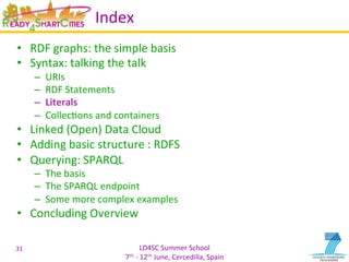 LD4SC	
  Summer	
  School	
  
7th	
  -­‐	
  12th	
  June,	
  Cercedilla,	
  Spain	
  
Index	
  
•  RDF	
  graphs:	
  the	
  simple	
  basis	
  
•  Syntax:	
  talking	
  the	
  talk	
  
–  URIs	
  
–  RDF	
  Statements	
  
–  Literals	
  
–  CollecYons	
  and	
  containers	
  
•  Linked	
  (Open)	
  Data	
  Cloud	
  
•  Adding	
  basic	
  structure	
  :	
  RDFS	
  
•  Querying:	
  SPARQL	
  
–  The	
  basis	
  
–  The	
  SPARQL	
  endpoint	
  
–  Some	
  more	
  complex	
  examples	
  
•  Concluding	
  Overview	
  
31	
  
 
